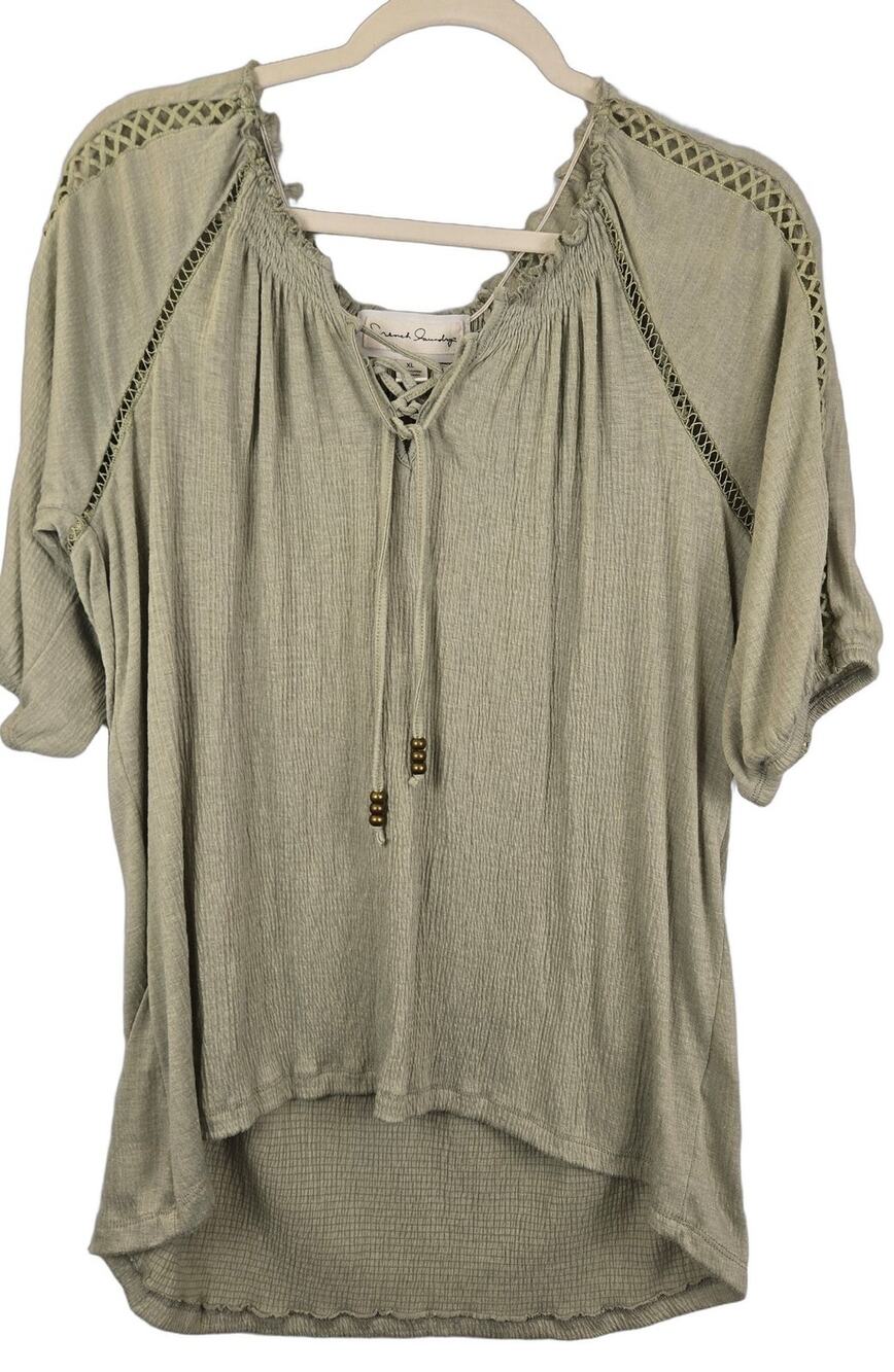 French Laundry Women XL Green Blouse Short Sleeve Lace-Up Beaded Peasant Knit